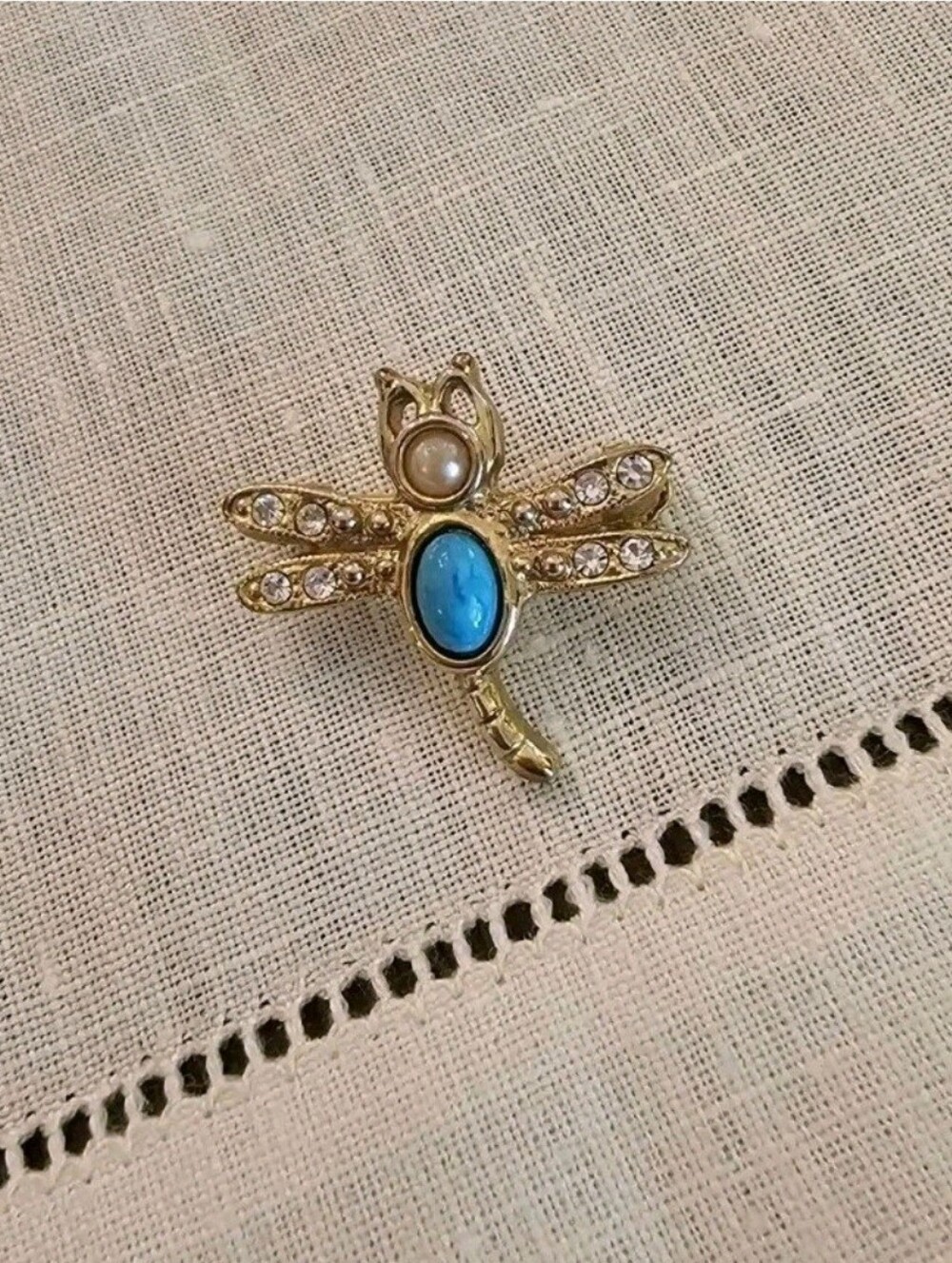 Vintage Tiny Goldtone Dragonfly Brooch Pin - Faux Pearl, Turquoise & Rhinestone